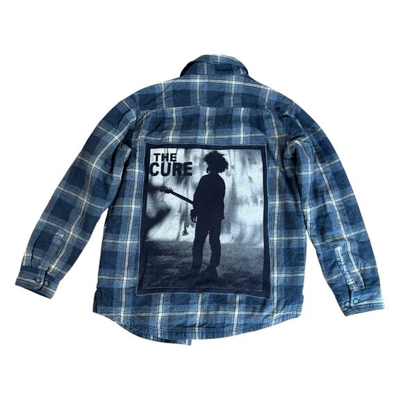 THE CURE Upcycled Plaid Flannel Shacket Retro Vintage 80s Rock Jacket Men’s Sz S - Picture 6 of 9